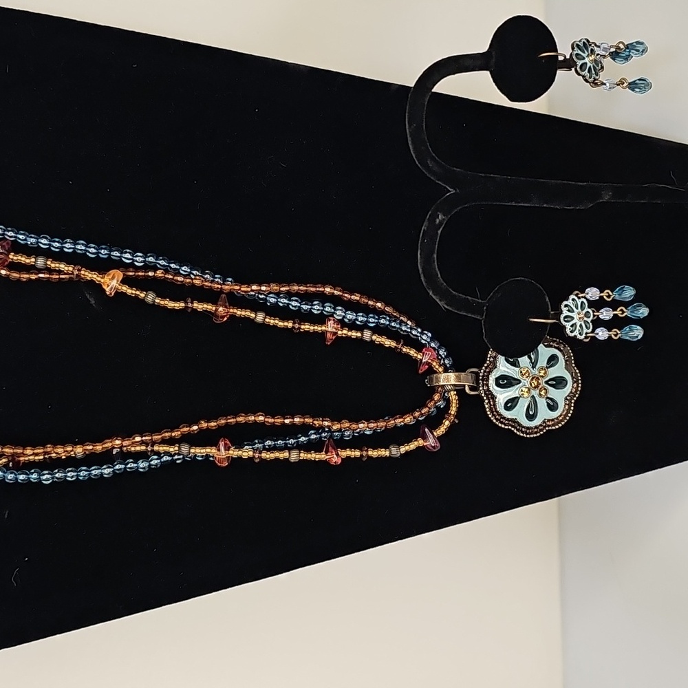Teal & Topaz Beaded Victorian Style Dangle Leverback Earrings & Necklace set